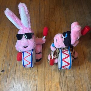 Vintage Energizer Bunny Plush Set 2 Drumming Pink Rabbit Camo Vest Sunglasses